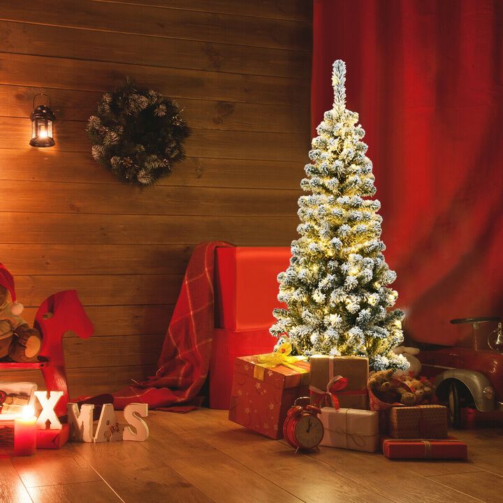 Pre-Lit Snow Flocked Pencil Christmas Tree for Festive, Space-Saving Holiday Decor with a Snowy Look