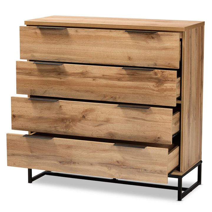 Baxton Studio Industrial Oak Finished Wood and Black Metal 4-Drawer Dresser