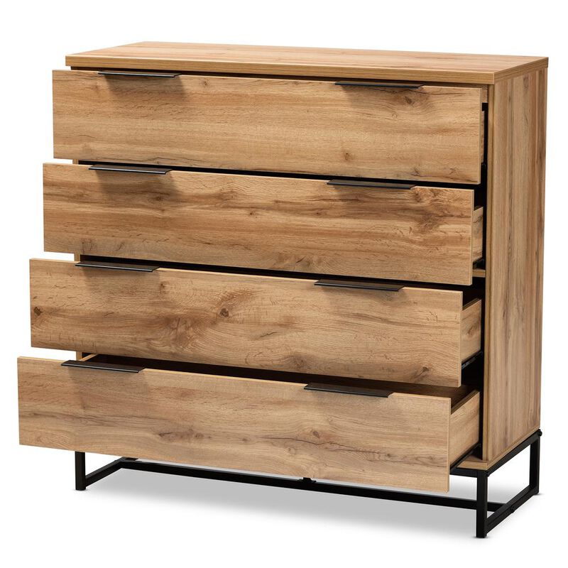 Baxton Studio Industrial Oak Finished Wood and Black Metal 4-Drawer Dresser