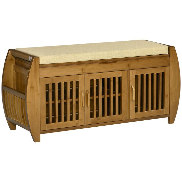 Brown Hallway Organizer: Bamboo Shoe Bench with Storage & Cushion