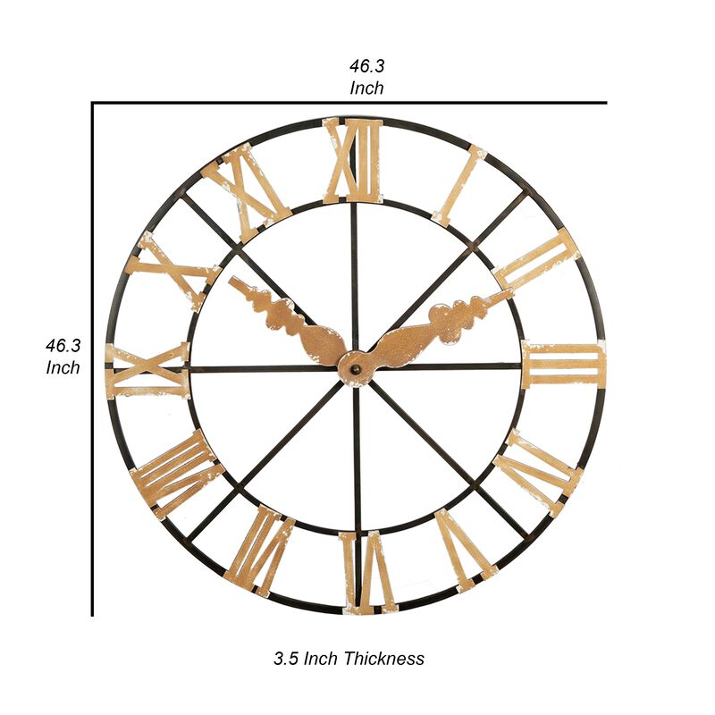 46 Inch Faux Clock Wall Decor, Round, Vintage Style, Gold, Black Finish - Benzara
