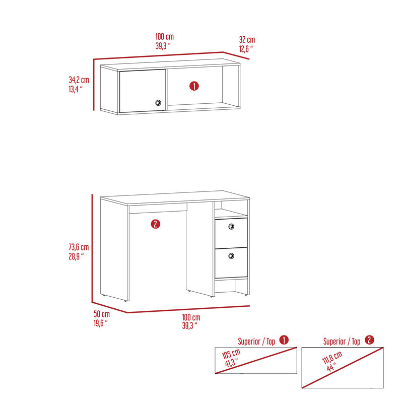 DEPOT E-SHOP Aramis Office Set, Two Drawers, Wall Cabinet, Single Door Cabinet, Two Shelves , Light Oak /Taupe