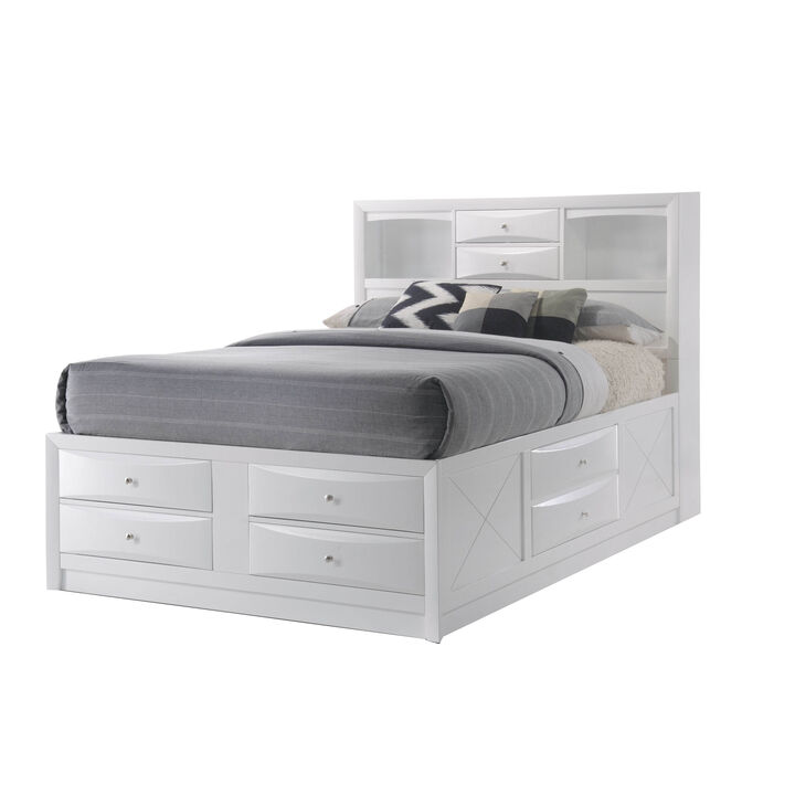 Eight Drawer Full Size Storage Bed with Bookcase Headboard, White - Benzara