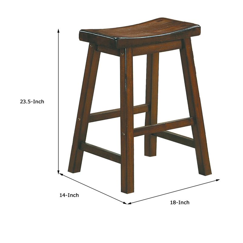 Wooden 24" Counter Height Stool with Saddle Seat, Distressed Cherry, Set Of 2-Benzara