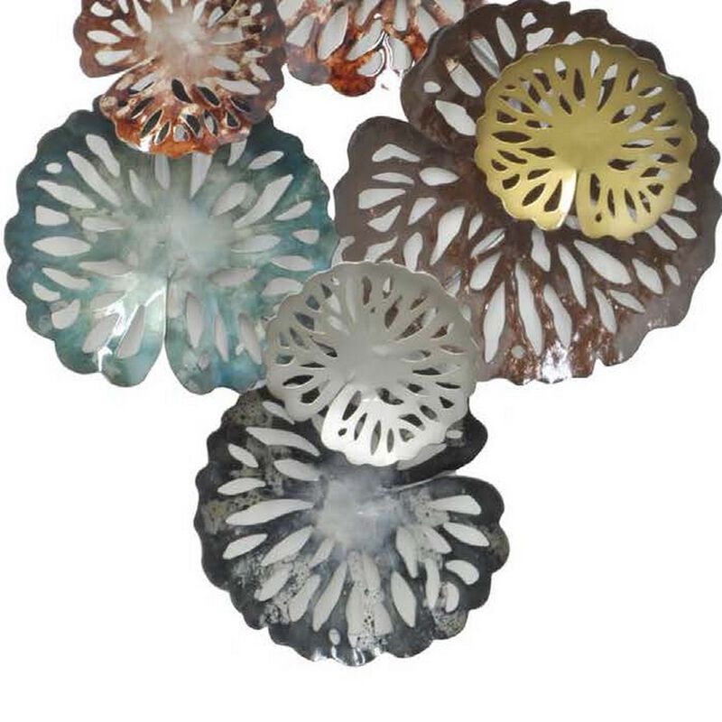 36 Inch Wall Decor, Hanging Piece, Various Size Metal Flowers, Multicolor - Benzara