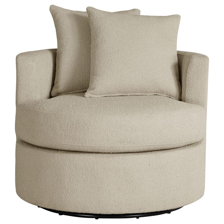 Catlyn Swivel Accent Chair, Camel Brown Fabric, 2 Accent Pillows - Benzara
