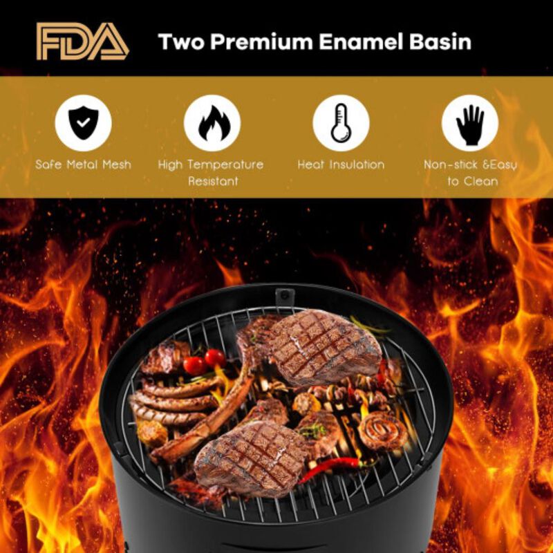 3-in-1 Portable Round Charcoal Smoker BBQ Grill Built-in Thermometer