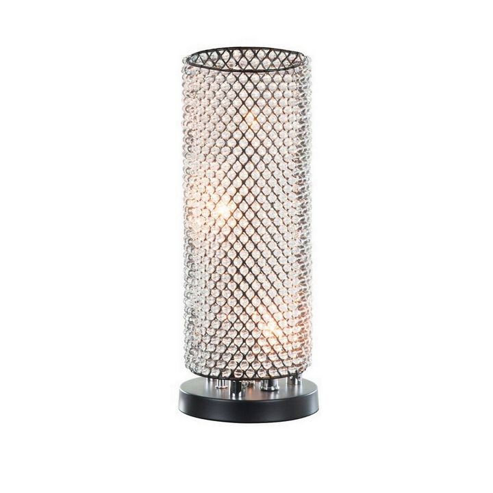 16 Inch Table Lamp, Crystal Cylinder Shade, Metal Mesh, Antique Bronze-Benzara