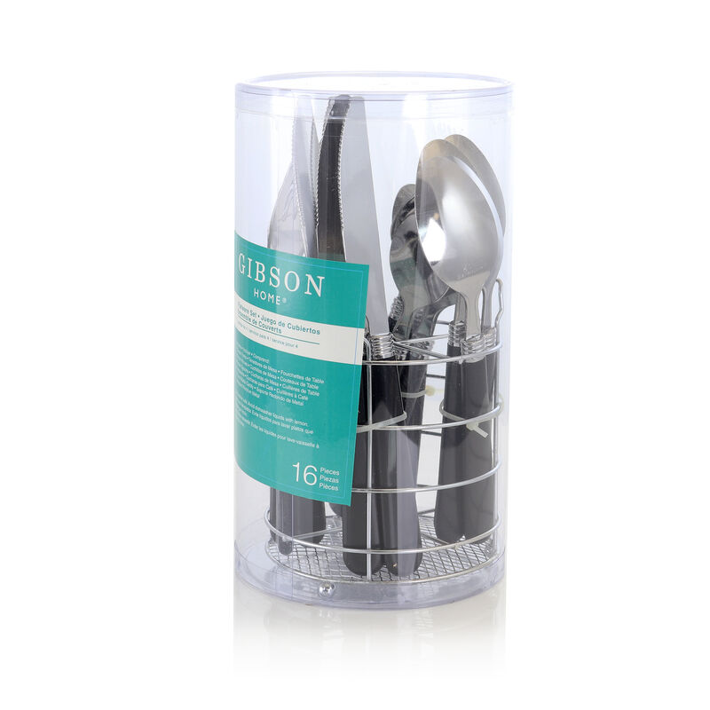 Gibson Sensations II 16 Piece Stainless Steel Flatware Set with Black Handles and Chrome Caddy