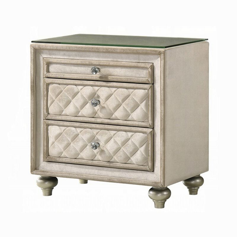 Willa Nightstand, 2 Drawers, Pull Out Tray, 27 Inch Wood, Beige Velvet - Benzara
