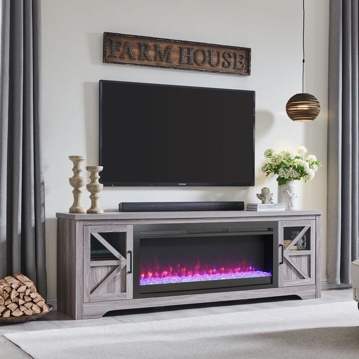 Mondawe 75" Entertainment Center with 44" Electric Fireplace, Gray Wash TV Stand for TVs up to 80"