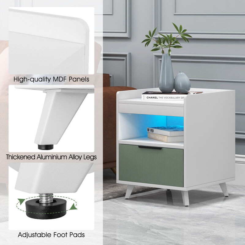 Modern Nightstand with LED Lights Sliding Drawer and Open Compartment
