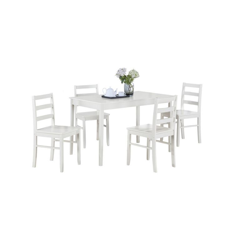 Lav 5 Piece Dining Table and 4 Chair Set, Open Backs, White Solid Wood - Benzara