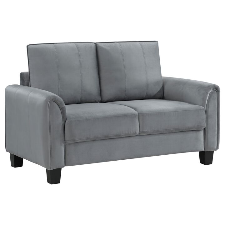 Dave Loveseat, Gray Fabric, Rounded Armrests, Black Tapered Legs, 57 Inch - Benzara Dave Loveseat, Gray Fabric, Rounded Armrests, Black Tapered Legs, 57 Inch - Benzara