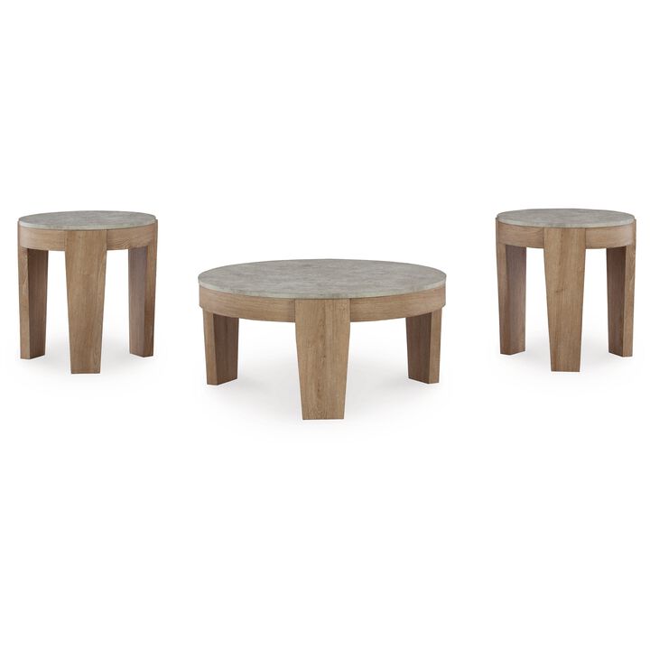 Hena 3pc Coffee and End Table Set, Round Gray Faux Cement, Brown Wood - Benzara