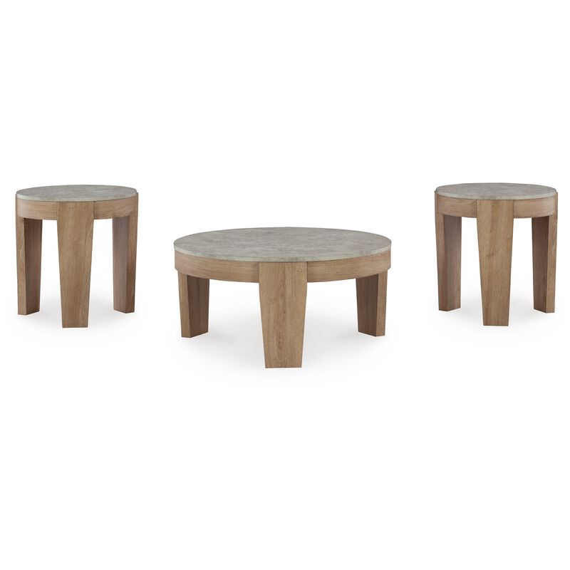 Hena 3pc Coffee and End Table Set, Round Gray Faux Cement, Brown Wood - Benzara