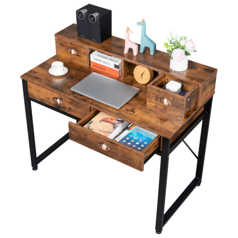 Steel Frame Computer Desk with Old Wood Table Top, 4 Drawers for Home Office or Study