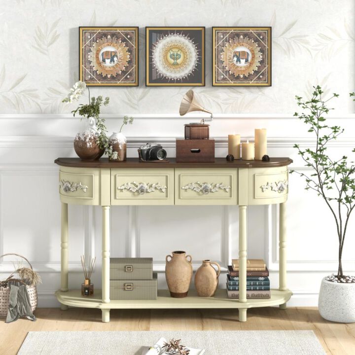 Hivvago Retro Curved Console Table with Drawers and Solid Wood Legs
