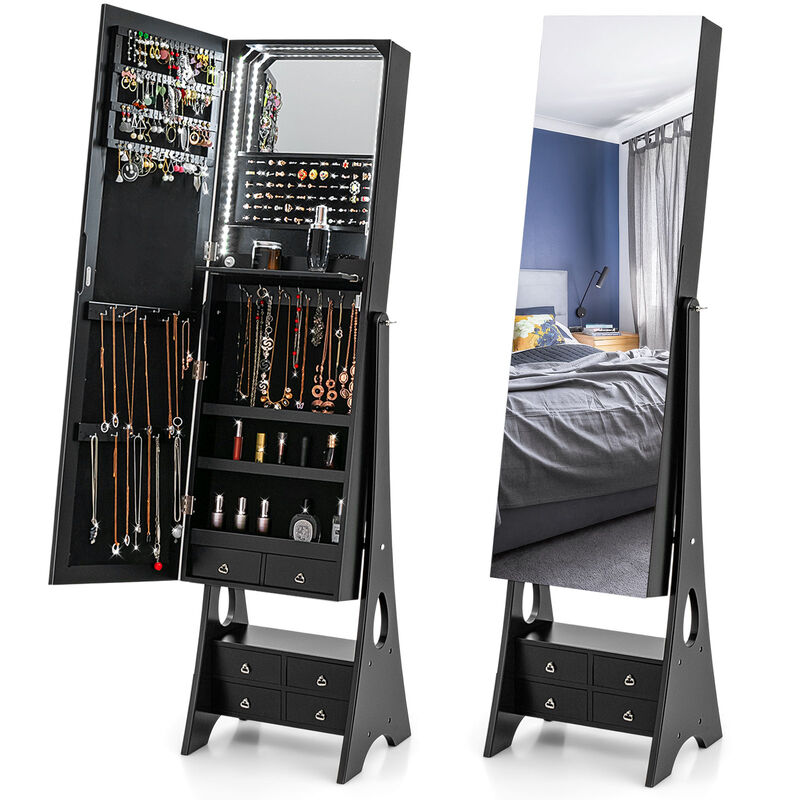 Freestanding Full Length LED Mirrored Jewelry Armoire with 6 Drawers
