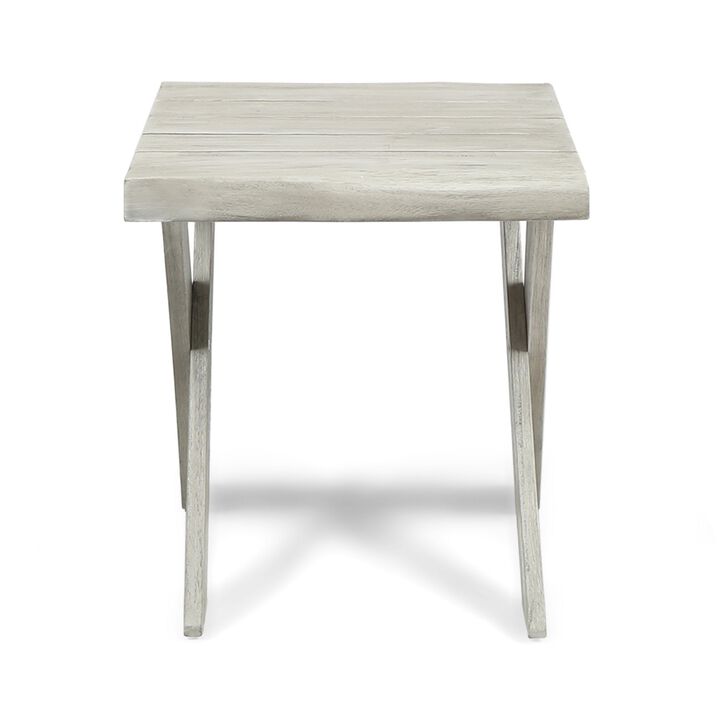 Outdoor Side End Table, 18 Inch Sandblasted Teak, Gray Acacia Wood - Benzara