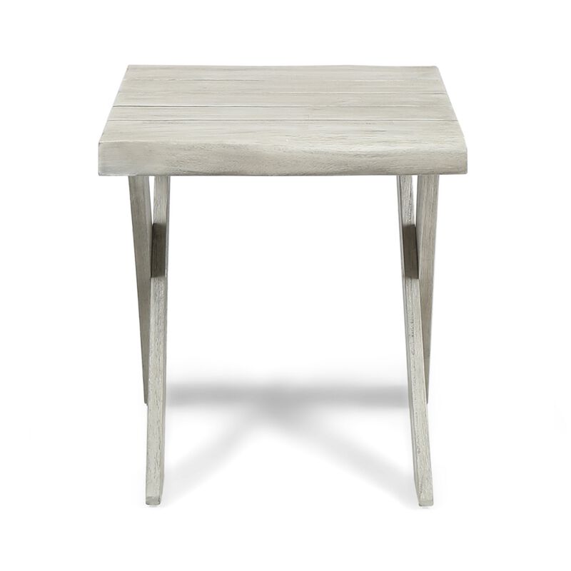 Outdoor Side End Table, 18 Inch Sandblasted Teak, Gray Acacia Wood - Benzara