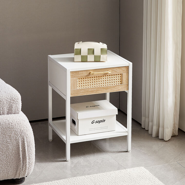 Streamdale Modern Rattan End Table with Drawer, Metal Legs in White