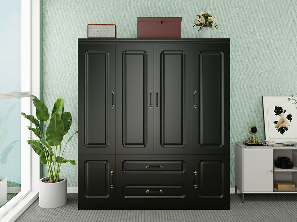 Armoire Wardrobe Closet with 4 Doors and 2 Hanging Rods, Armoire Wardrobe Closet Cabinet with 2 Drawers, Wood Closet Storage Wardrobe, Tall Armoires and Wardrobes Cabinet Black