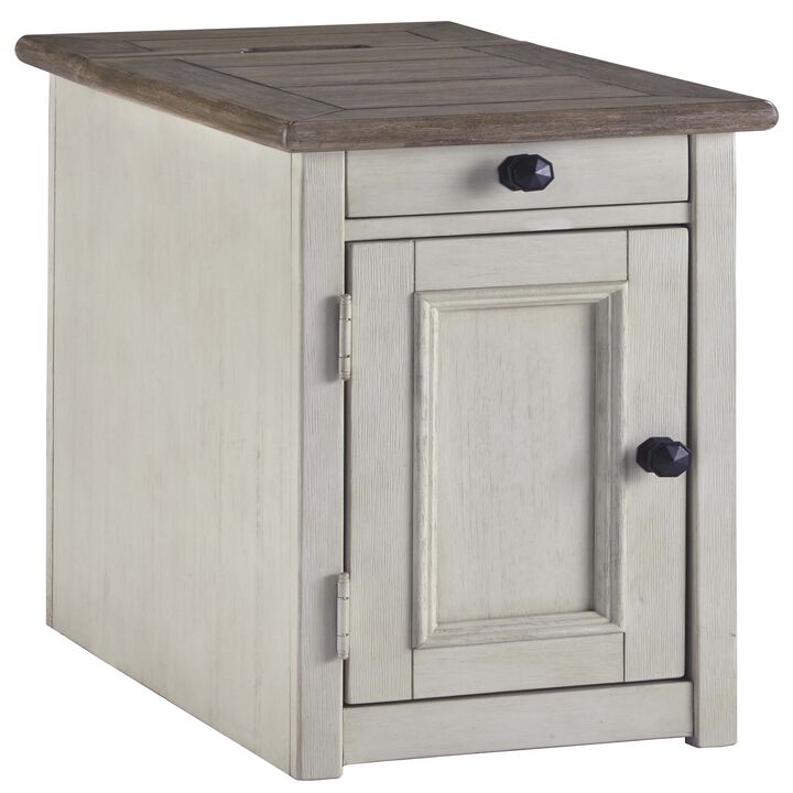 Chair Side End Table with 1 Cabinet and Pull Out Tray, White and Brown-Benzara