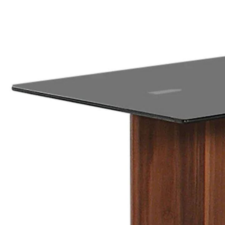 Liam 22 Inch Square Side End Table, Brown Wood, Pedestal Base, Glass Top-Benzara