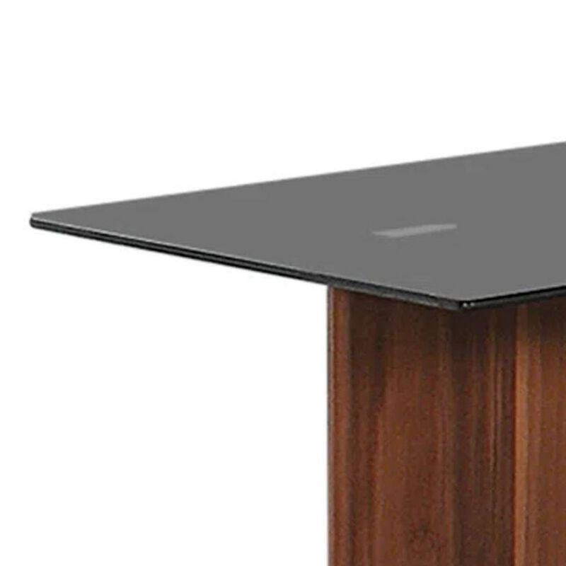 Liam 22 Inch Square Side End Table, Brown Wood, Pedestal Base, Glass Top-Benzara