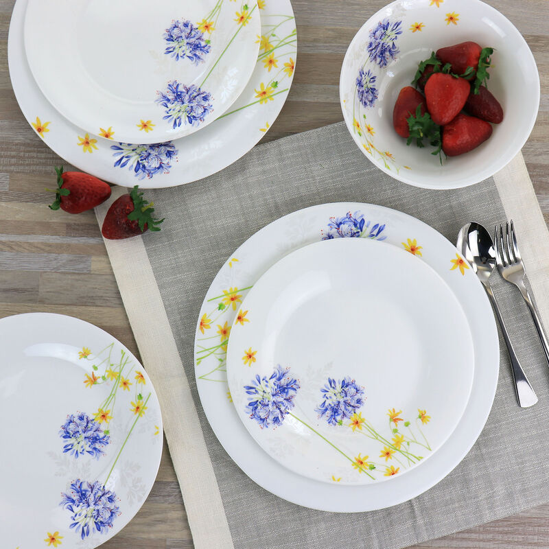 Gibson Ultra Violet Floral 12 Piece Tempered Opal Glass Dinnerware Set