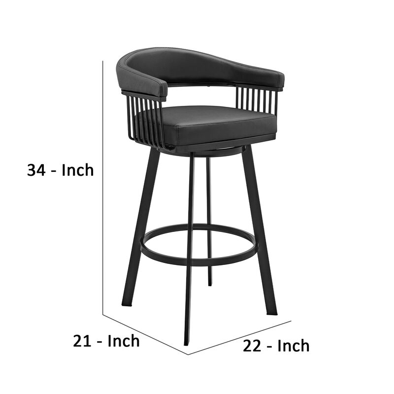 Swivel Barstool with Open Metal Frame and Slatted Arms, Black-Benzara