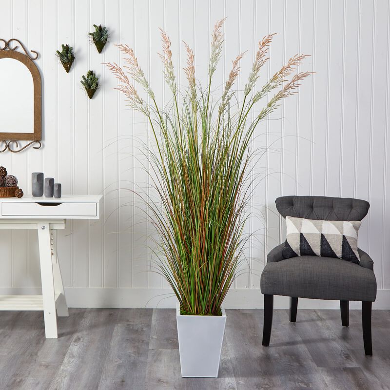Hivvago 74" Grass Artificial Plant in White Metal Planter