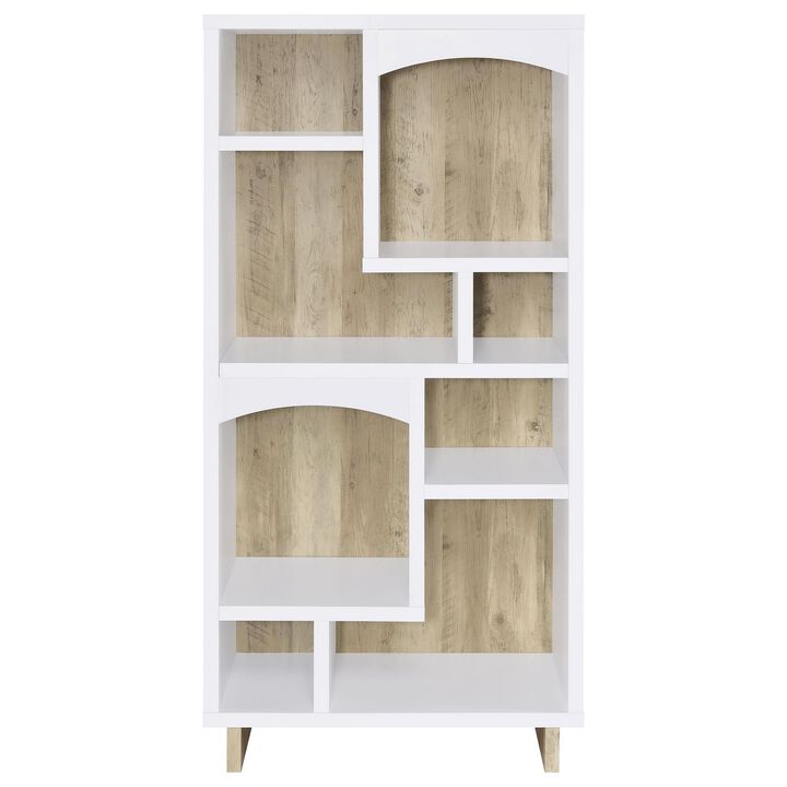 Aton Bookcase, Multiple Shelves and Compartments, Distressed White - Benzara