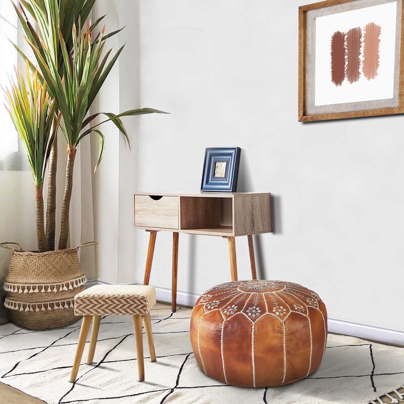 Handmade Moroccan Ottoman, Genuine Leather Pouf