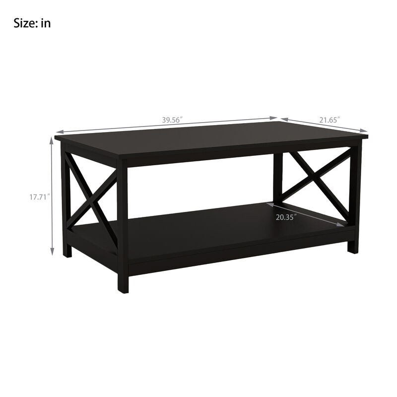 39.57 in. Black Rectangle Wood Coffee Table with Shelf