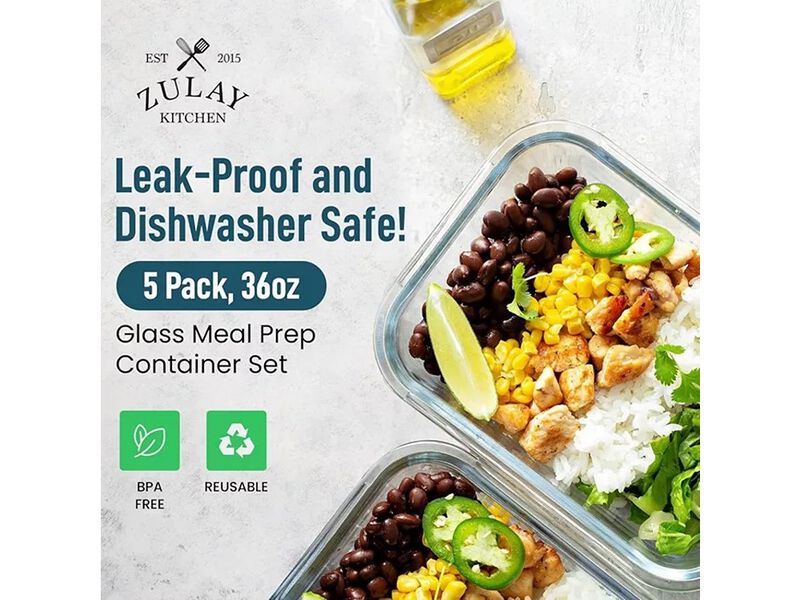 Zulay Kitchen 5-Piece Borosilicate Glass Clear Food Storage Containers