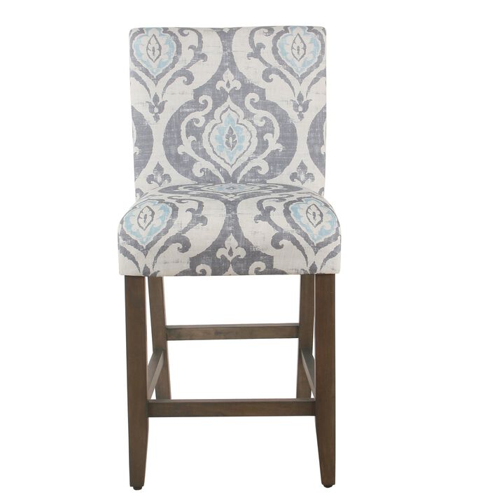 Wooden Counter Height Stool with Damask Pattern Fabric Upholstery, Gray and Blue - Benzara