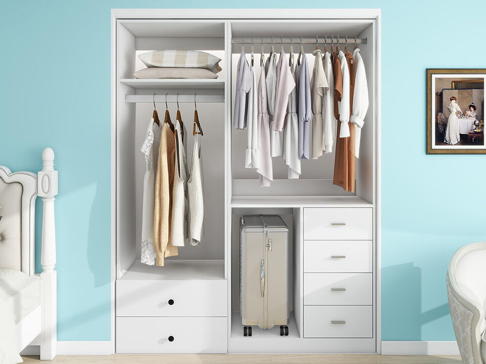 Wooden Closet Organizer System with 6 Drawers,2 Hanging Rails Walk in Closet System for Bedroom