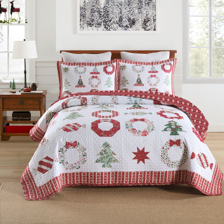 Marcielo 3 Pcs Winter Red Candy Christmas Quilt Bedspread Set