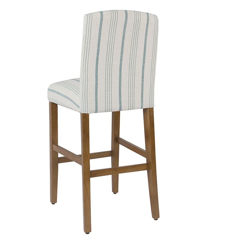 Fabric Upholstered Wooden Barstool with Striped Cushioned Seat, White and Blue - Benzara