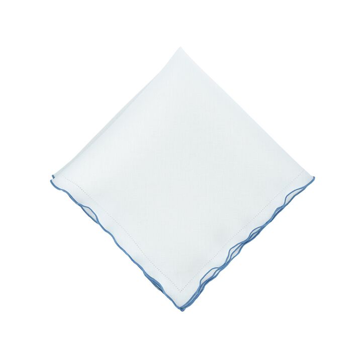 Linen Napkins With Blue Ruffled Hemstitch Edges, Set of 4