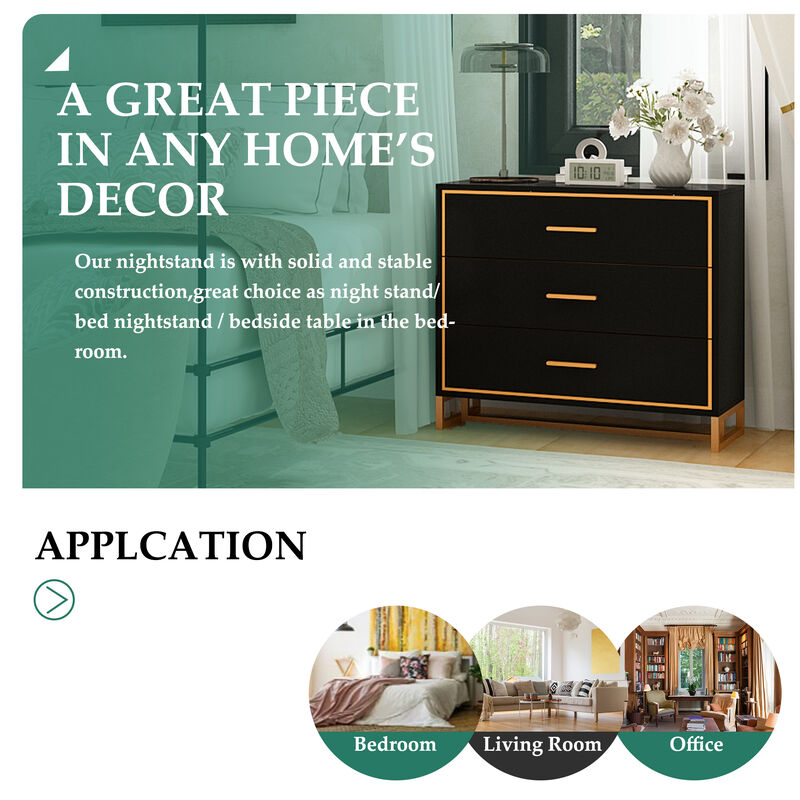 FUFU&GAGA Modern Black 3-Drawer Dresser with Gold Trim, Metal Handles & Base – Stylish Storage Cabinet for Bedroom(31.5"W x 15.7"D x 28.7"H),Black