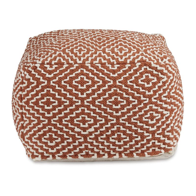 Sena 22 Inch Ottoman Pouf, Handwoven Pattern, Zipper Cotton Cover Red White -