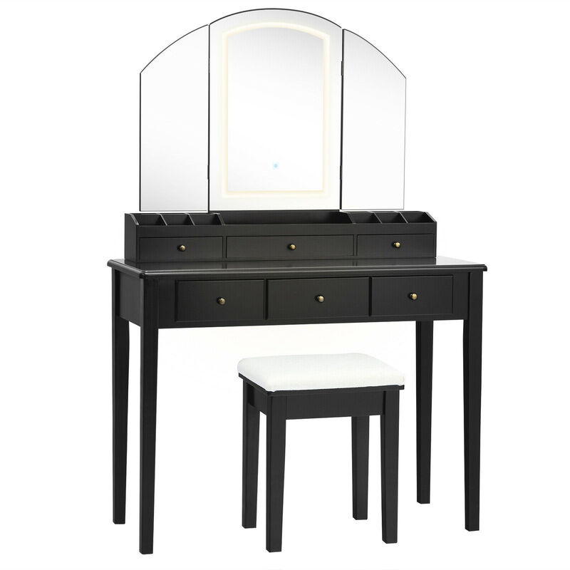 Vanity Table Stool Set with Large Tri-Folding Lighted Mirror for Bedroom or Dressing Area