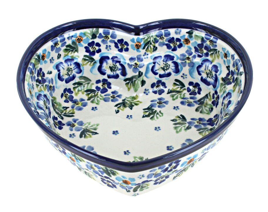 Blue Rose Polish Pottery Mosaic Flower Large Heart Bowl