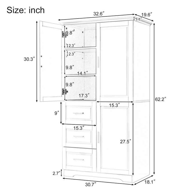 Tall And Wide Storage Cabinet With Doors For Bathroom/Office, Three Drawers