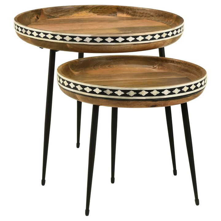 2 Piece Nesting Tables with Inlaid Bone Detail Design, Mango Wood, Brown - Benzara