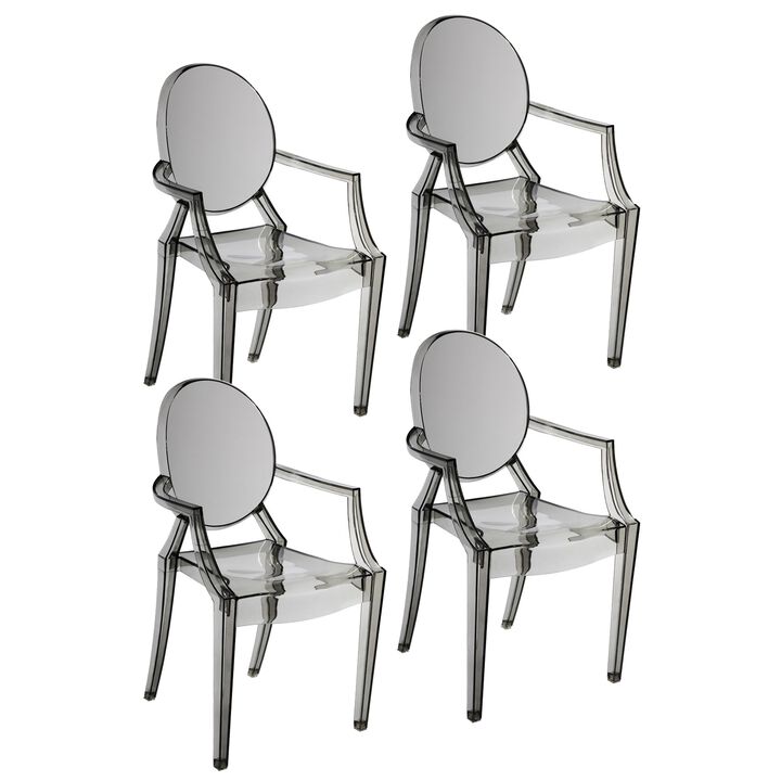 Lily 4pc Indoor Outdoor Dining Armchairs, Clear Gray Plastic - Benzara