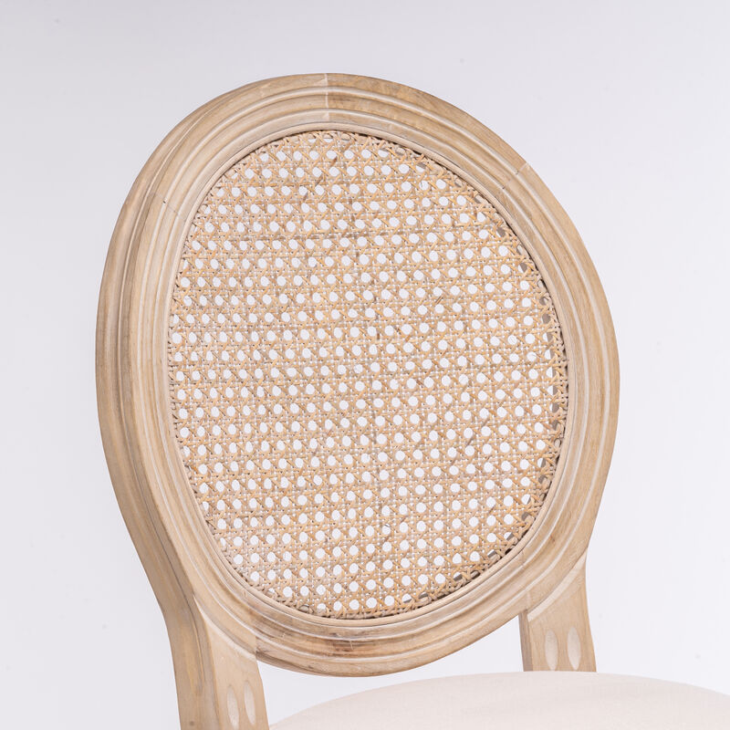 French Country Wooden Bar Stools Rattan Back With Upholstered Seating, Beige And Natural, Set Of 2